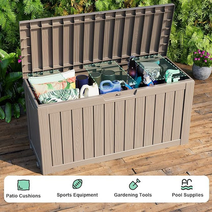 ROJIK 90 Gallon Waterproof Outdoor Deck Storage Box, Lockable Resin Patio Storage Bin with Lid for Garden Tools, Patio Cushions & Outdoor Accessories(Grey)