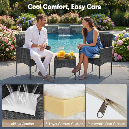 DUMOS 3 Piece Patio Furniture Set, Outdoor Wicker Bistro Set, Black | All-Weather Rattan Chairs, Removable Cushions, Tempered Glass Table, Small Conversation For Porch Balcony Lawn Backyard