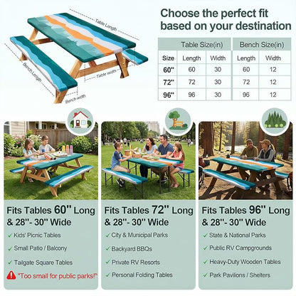 Picnic Table Cover Bench Covers Camping Essentials Tablecloth | Waterproof Vinyl for Outdoor, Windproof Elastic Fitted Edges, RV BBQ Accessories Must Haves, Storage Bag Included