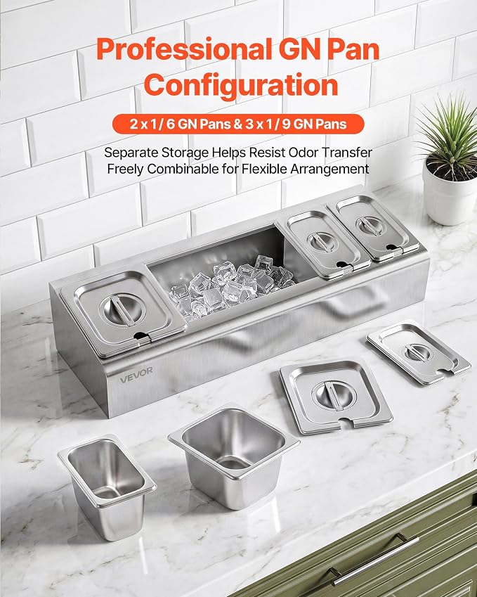 VEVOR Countertop Food Serving Display Container, Stainless Steel Food Salad Server Tray, Buffet Condiment Dispenser, Ice Cooled Rack with Separate Lid, for Restaurant Hotel Kitchen (2x1/6+3x1/9 Pan)