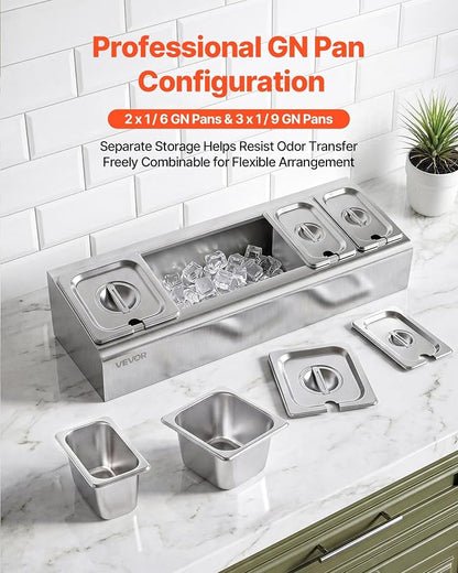 VEVOR Countertop Food Serving Display Container, Stainless Steel Food Salad Server Tray, Buffet Condiment Dispenser, Ice Cooled Rack with Separate Lid, for Restaurant Hotel Kitchen (2x1/6+3x1/9 Pan)
