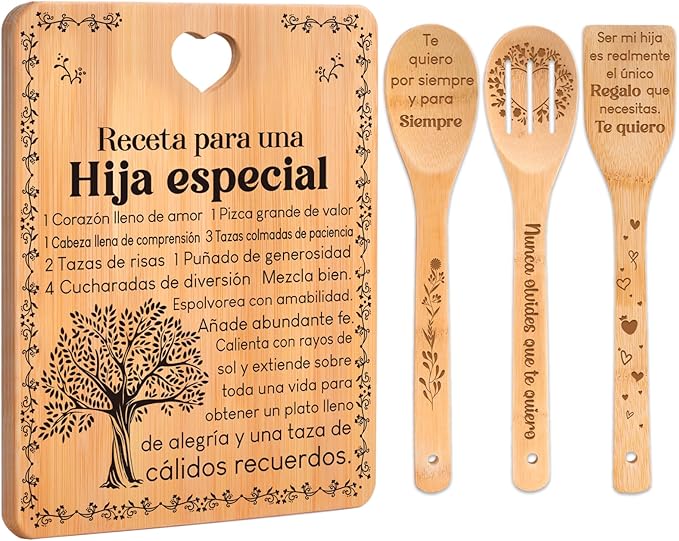 Regalos de cumpleaños para Hija - "Receta para una Hija especial". Juego de tablas de cortar y utensilios de bambú grabados. Regalos de cumpleaños para Hija. Spanish Daughter Cutting Board
