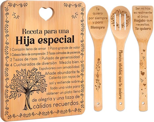 Regalos de cumpleaños para Hija - "Receta para una Hija especial". Juego de tablas de cortar y utensilios de bambú grabados. Regalos de cumpleaños para Hija. Spanish Daughter Cutting Board