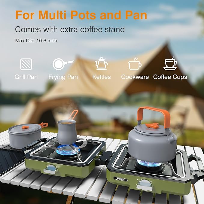 ODSD 2 Burner Camping Stove with Windshield, 20000 BTU Propane Camp Stove, Portable Folding Gas Stove, Camping Essentials Gear Includes Frying Pan, Coffee Stand & Carry Bag, Green