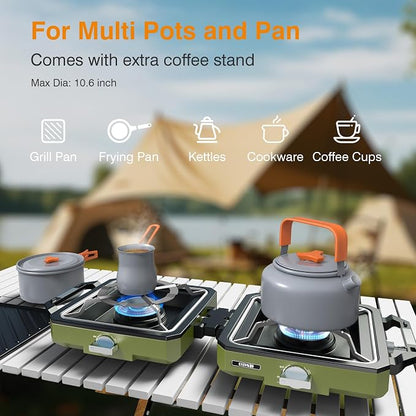 ODSD 2 Burner Camping Stove with Windshield, 20000 BTU Propane Camp Stove, Portable Folding Gas Stove, Camping Essentials Gear Includes Frying Pan, Coffee Stand & Carry Bag, Green
