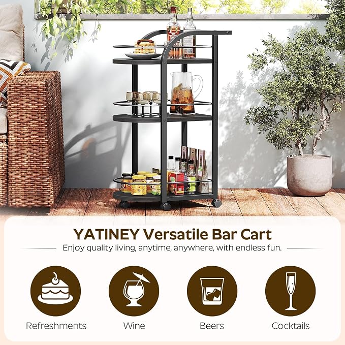 3-Tier Bar Cart, Home Bar Serving Cart with Fence and Wheels, for Dining Room, Living Room, Garden, Party, Black BC06BB