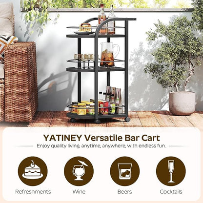 3-Tier Bar Cart, Home Bar Serving Cart with Fence and Wheels, for Dining Room, Living Room, Garden, Party, Black BC06BB