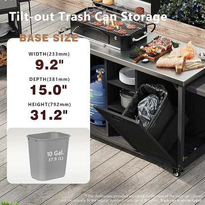RUNNA 78.3" Outdoor Kitchen Island with Foldable Grill Table, Wooden Outdoor Grill Cart with Trash Can Storage & Stainless Steel Top, Outdoor Bar Cart, Pizza Oven Table for Lawn & Garden (Black@76)