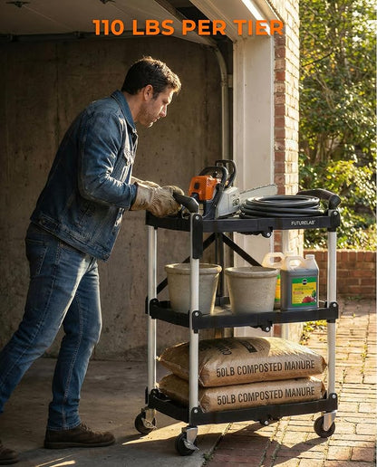 Portable Folding Service Cart - 3 Tier 330LBS Capacity - Rolling Utility Foldable Cart with Wheels for Warehouse Home Workshops Garages Restaurants Offices