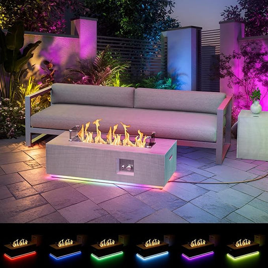 SUNPEAK 42" Propane Fire Pit Table with RGB LED Light 50,000 BTU Patio Propane Fire Pit Table Includes Wind Guard, Lid, Rocks & Cover - Deck Firepit - Chimenea de Gas (Light Gray/RGB Light, 42" LED)