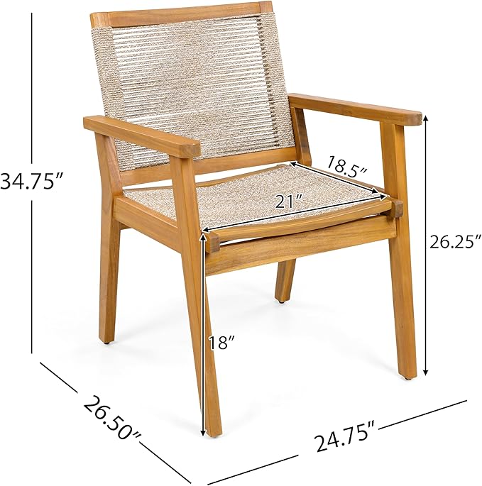 Christopher Knight Home Kita Acacia Wood Patio Dining Chairs Set of 2, Wooden Outdoor Dining Chair Set, Outdoor Kitchen Side Chair with Woven Rope, Teak+Dark Beige