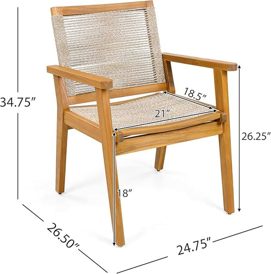 Christopher Knight Home Kita Acacia Wood Patio Dining Chairs Set of 2, Wooden Outdoor Dining Chair Set, Outdoor Kitchen Side Chair with Woven Rope, Teak+Dark Beige