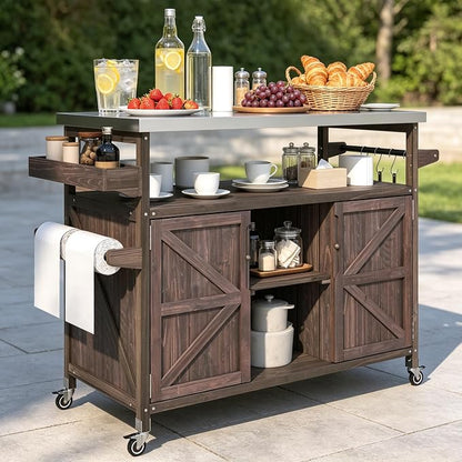 50.25" Outdoor Grill Table with Stainless Steel Top & Storage, Rolling BBQ Prep Cart with Locking Wheels, Patio Kitchen Island with Cabinet for Backyard