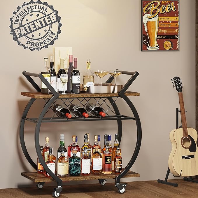 LVB Industrial Bar Cart, Beverage Serving Cart with Wheels, Rustic Brown | Modern Bar Cart with Wine Rack, Wooden Microwave Drink Liquor Cart for Dining Room, Coffee Liquor Drink Cart with Storage