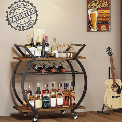 LVB Industrial Bar Cart, Beverage Serving Cart with Wheels, Rustic Brown | Modern Bar Cart with Wine Rack, Wooden Microwave Drink Liquor Cart for Dining Room, Coffee Liquor Drink Cart with Storage