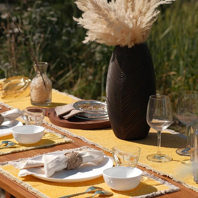 Hausattire Cotton Frayed Placemats Set of 6 Dining Table 14x14 Inch | Rustic Vintage Boho Washable Easter Placemat for Outdoor Parties BBQ's Spring, Holiday, Special Occasions, Nubby Cotton - Yellow