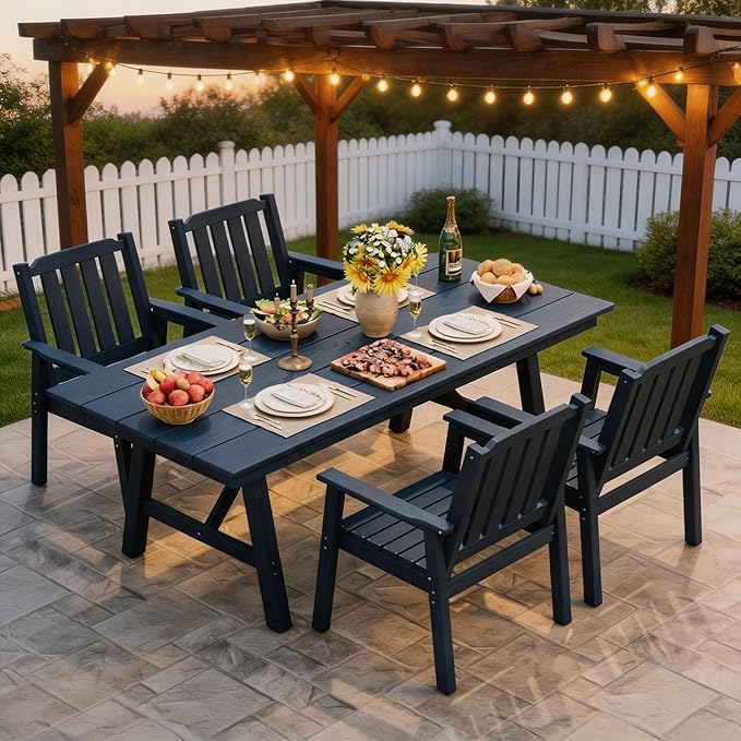 GarveeLife 5-Piece Outdoor Dining Set for Patio 4 People, HDPE All Weather Furniture Table Set with Large Table Umbrella Hole, Modern Outdoor Dining Chairs Armrest for Backyard Garden Deck（Navy Blue）