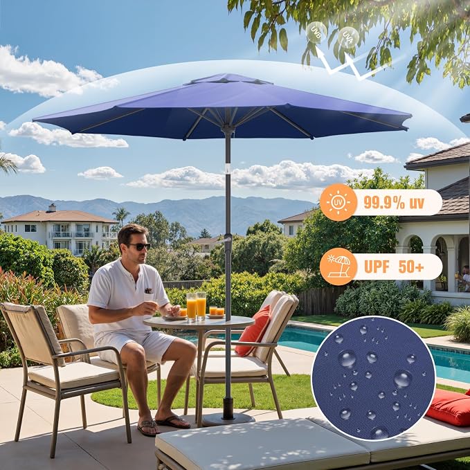 Outdoor Patio Umbrella, Table Umbrella with Push Button Tilt and Crank, 8 Ribs Market Umbrella
