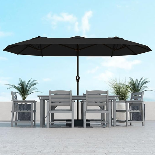 Kingdura 15ft Large Patio Umbrella with Base Included, Double-Sided Rectangle Outdoor Table Umbrella with 12 Reinforced Ribs, Crank Lift for Market Pool Deck Backyard, Black