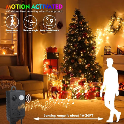 MZD8391 105FT 300LED Christmas Light, Christmas Tree Lights with Music | Warm White, Motion Sensor, Play 4 Christmas Songs, Waterproof, UL Listed, 6 Light Modes, End To End Connect, Outdoor Indoor