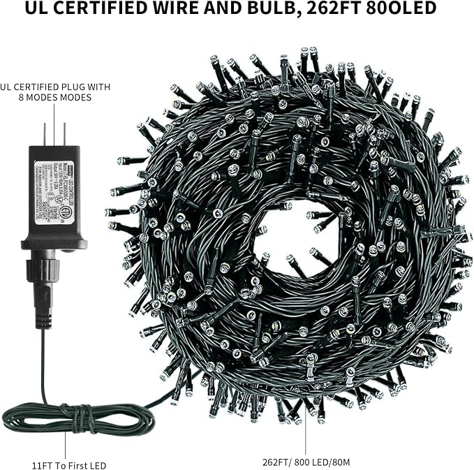 262FT 800 LED Christmas String Lights, Christmas Lights | Plug 8 Modes Memory Function with Timer, UL Certified Outdoor Indoor Fairy Light Christmas Tree, Patio, Party (Multicolor)