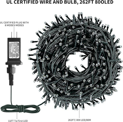 262FT 800 LED Christmas String Lights, Christmas Lights | Plug 8 Modes Memory Function with Timer, UL Certified Outdoor Indoor Fairy Light Christmas Tree, Patio, Party (Multicolor)