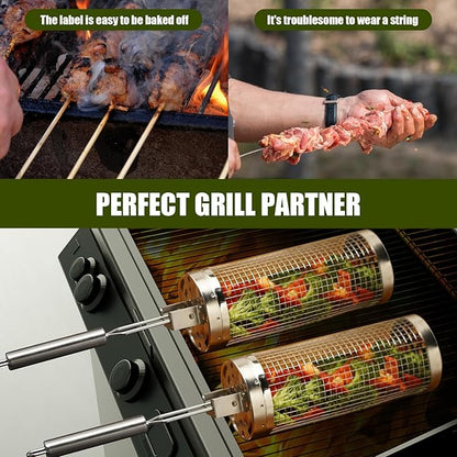 Rolling Grill Baskets (2PCS), 304 Stainless Steel with Removable Stainless Steel Handle, Rolling Grilling Net, BBQ Accessories Tools for Vegetables Shrimp, Outdoor Cooking Camping, Gifts for Men Dad Husband