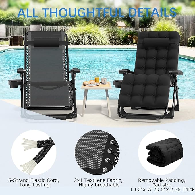 Slendor Zero Gravity Chair, Zero Gravity Lounge Chair with Upgraded Lock and Removable Cushion, Reclining Camping Chair with Cup Holder, Folding Recliner for Indoor and Outdoor, Black