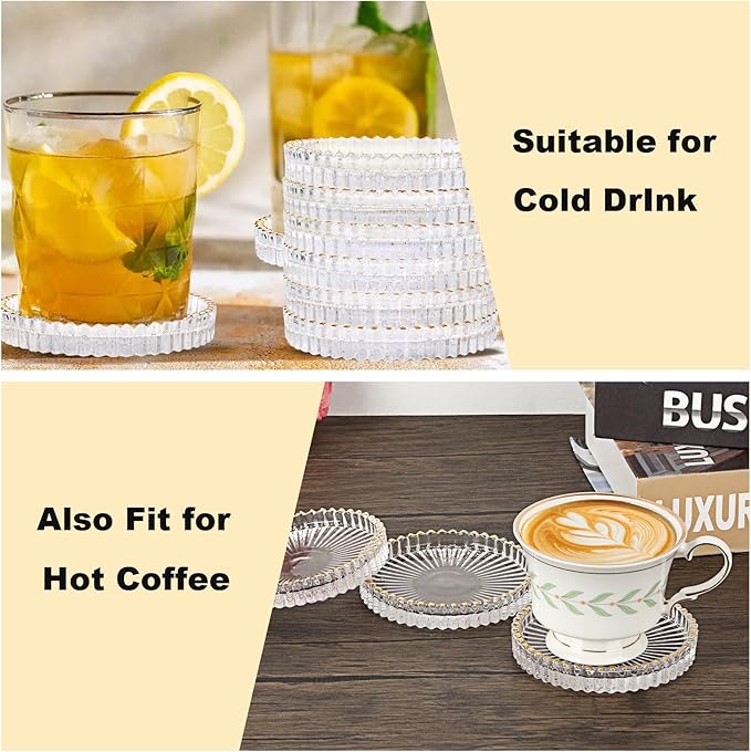 Modern Clear Coaster Set of 8 Glass Coasters for Drinks, Crystal Coasters Round Cup Mat Coffee Table Decor for Office, Kitchen, Bar, Dining Room, Living Room, Patio (Clear with Gold Rim)
