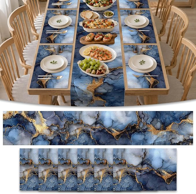Nuxovilar Square placemats Set of 7 Table Runner and placemats Deep Blue&Gold Marble Pattern Linen-Cotton Tablerunner(72X13inch)&6 Placemats(11.8X17.7) Table Decor Essentials Kitchen,Dining Room