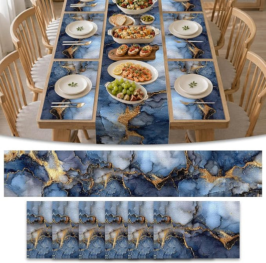 Nuxovilar Square placemats Set of 7 Table Runner and placemats Deep Blue&Gold Marble Pattern Linen-Cotton Tablerunner(72X13inch)&6 Placemats(11.8X17.7) Table Decor Essentials Kitchen,Dining Room