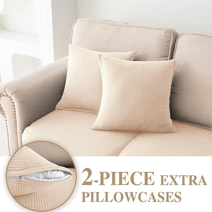 LA MEACK Couch Cushion Covers for Sectional Sofa L Shape Washable Separate Seat Chaise Couch Cover Stretch Sofa Slipcovers with 2 Pcs Pillowcases(2 Seater + 1 Chaise, Natural)