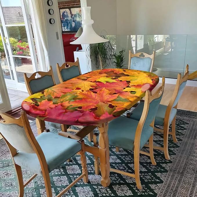 Autumn Oval Maple Leavs Fitted Table Covers, Fall Orange Yellow Leafs Pattern Print Oblong Tablecloths, Fits to 60x84 In Tables, Elastic Edged Table Cloth for Thanksgiving Day Outdoor Party and Patio