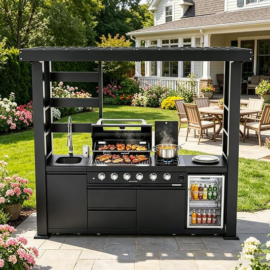 97" Outdoor Kitchen Island,4-Burner Propane Grill Featuring Rotisserie Oven,Side Burner,Mini Wine Fridge,Galvanized Steel Roof,Granite Countertops & Sink – BBQ Grill 72,000 BTU Total.(Black,Propane)