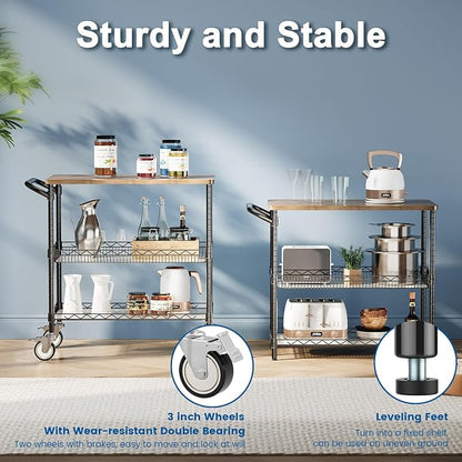 Rolling Kitchen Carts with Wheels, 3-Tier Utility Cart with Wood Tabletop | NSF Commercial Metal Serving Cart with Handle and Shelf Liner for Kitchen Snacks,34"D x 17.5"W x 32.5"H,Black