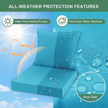 Summsun Outdoor Back and Deep Seat Cushion Set, 22 x 22 Inch, Teal, 4 Pack | Double-Sided Water Resistant, Removable Cover, Back Pillow & Seat Cushion, Tie Straps, Fit for Patio, Garden, Sofa Couch