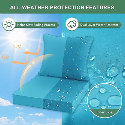 Summsun Outdoor Cushions for Patio Furniture, 24 x 24 Inch, Teal, 1 Set | Backrest & Deep Seat Cushion, Water Resistant, Removable Cover, Replacement Cushions Pad for Patio Furniture, Garden