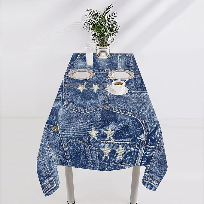 Denim Patchwork Style Tablecloth, Fashionable Blue Denim Jean Pocket Design Water Resistant Wipeable Table Cover for Farmhouse Picnic Party Holiday Kitchen Dinner Table 55"x55"