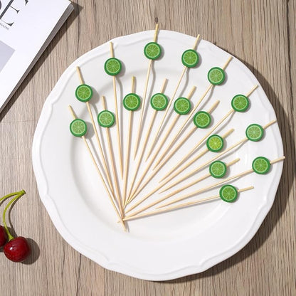 Minisland Green Lemon Cocktail Picks, 4.7 Inch Long Bamboo Fancy Toothpicks for Appetizers, Decorative Spring Summer Tropical Party Food Drinks Garnish Fruit Kabob Skewer Sticks 100 Counts - MSL421