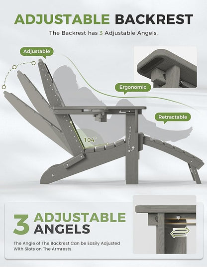 Ciokea Folding Adirondack Chair Set of 4 with Retractable Ottoman Fire Pit Patio Chair with Pull Out Foot Rest Weather Resistant Lawn Outdoor Chair with 2 Cup Holder (Grey)