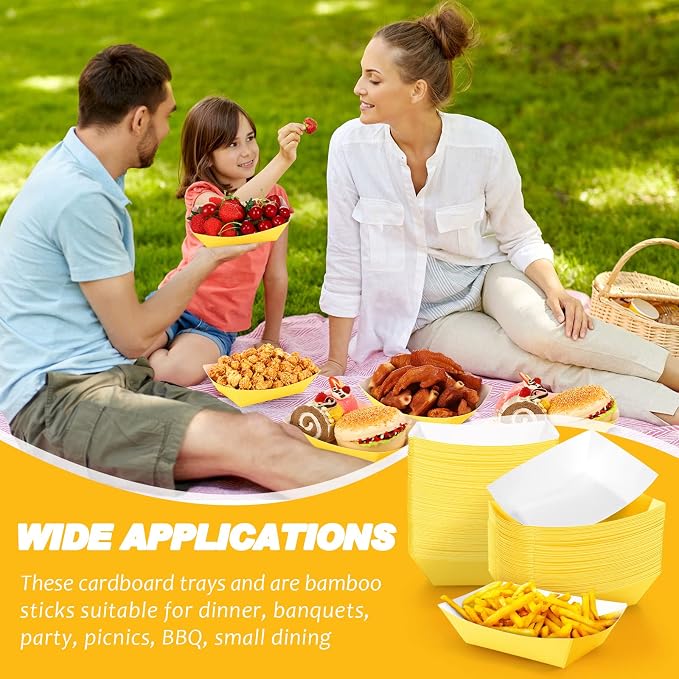 100 Pcs 2lb Paper Food Trays Boat Nacho Boats for Hot Dogs, Yellow | Grease-Resistant, Disposable Kraft Paper Boat for Tacos Concession, Food Trucks, Birthday, Wedding, Christmas, Halloween
