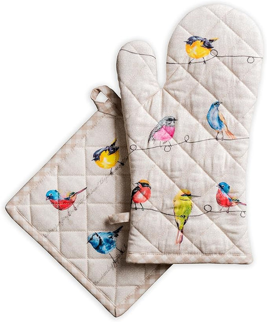 Maison d' Hermine 100% Cotton Oven Mitt & Pot Holder Set (7.5"x13" & 8"x8") Heat Resistant BBQ Cooking Gloves with Loop Baking Grilling Kitchen Hotel Home Farmhouse Spring Summer (Birdies on Wire)
