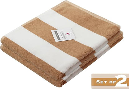 COTTON CRAFT Pool Lounge Chair Cover - 2 Pack Cabana Stripe - Soft Absorbent 100% Cotton Dobby Terry Towel Chaise Lounge Beach Chair Cover - Oversized 32 W x 82 Length x 7 inch Pocket – Linen
