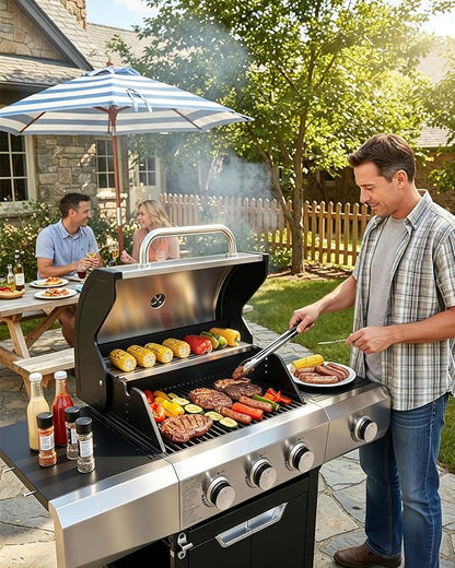 EUHOME 40,500 BTU 3-Burner Propane Gas Grill with Side Burner, Stainless Steel Outdoor BBQ Grill with 380 sq.in Cooking Space, 4 Swivel Casters & Cast Iron Grates for Patio Backyard Garden