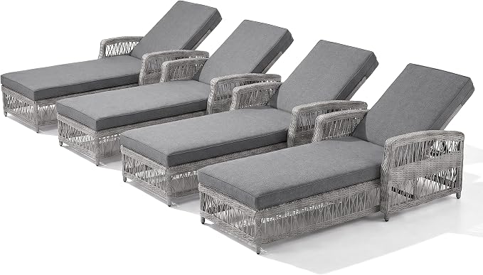 Merax Outdoor Rattan Chaise Lounge Set of 4, All-Weather Patio Recliners with 4-Position Adjustable Backrests, Armrests, and Removable Cushions for Poolside & Garden, Grey