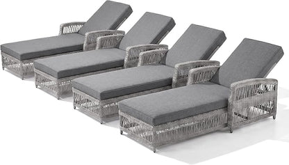 Merax Outdoor Rattan Chaise Lounge Set of 4, All-Weather Patio Recliners with 4-Position Adjustable Backrests, Armrests, and Removable Cushions for Poolside & Garden, Grey