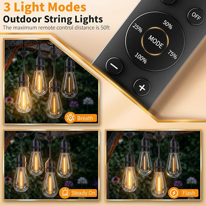 Hotsonic Remote Control Outdoor String Lights Waterproof, 100FT LED Outside Lights with Shatterproof Bulbs, Dimmable Hanging S14 Lights 3 Modes for Patio Porch Garden Pergola Yard House Party Decors