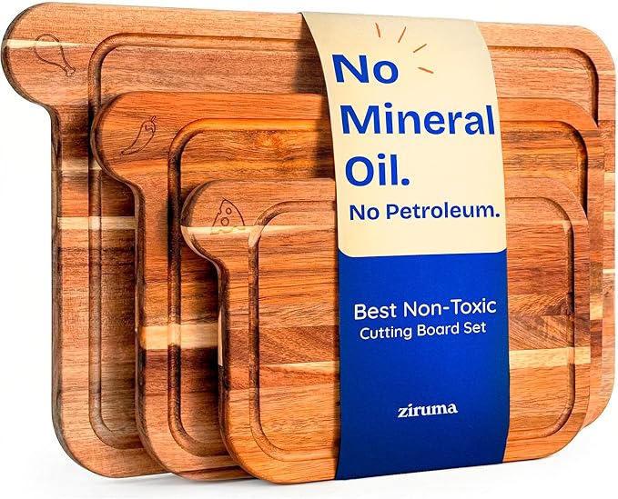 Non Toxic Cutting Boards - Cutting Board Set Free of Mineral Oil, Made of FSC Acacia Wood - Cutting Boards for Kitchen - Includes 3 Chopping Boards. By Ziruma