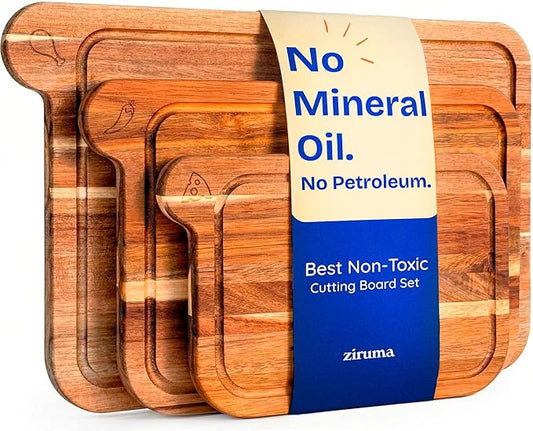 Non Toxic Cutting Boards - Cutting Board Set Free of Mineral Oil, Made of FSC Acacia Wood - Cutting Boards for Kitchen - Includes 3 Chopping Boards. By Ziruma