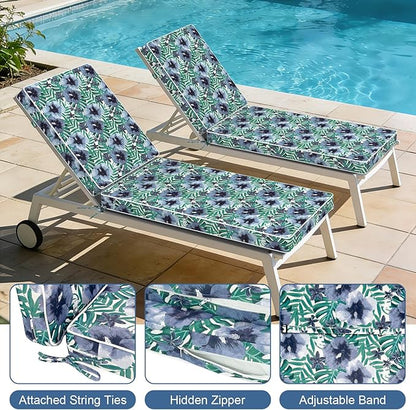 LVTXIII Outdoor Chaise Lounge Cushion 72x21x3 Inch, Water-Repellent Patio Seat Cushion with Ties & Hidden Zipper, Thick Foam Pad for Lawn Chair, Poolside, Patio Furniture, Blue Salmone Tropical